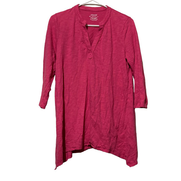 Chicos Womens Tunic Top Pink 3/4 Sleeve Notch Neck Shark Bite Hem Pull Over M - Picture 1 of 5